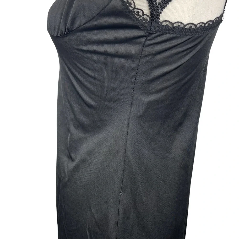 Vintage Black 100% Nylon with Floral V Neck Trim Slip Dress - Picture 4 of 12